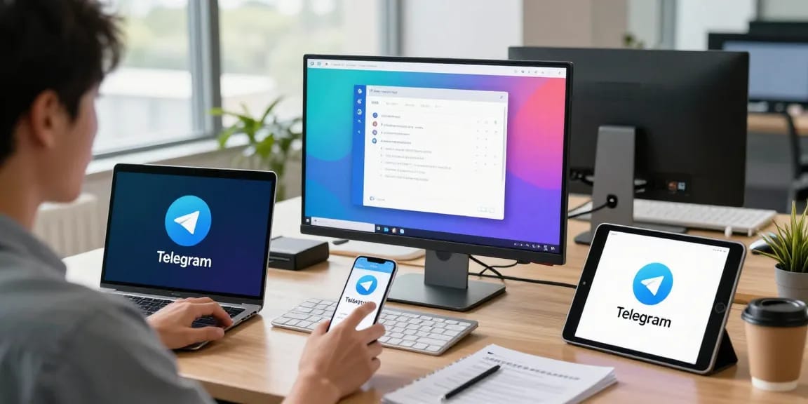 Setting up Telegram Chinese on multiple devices in a bright tech workspace.