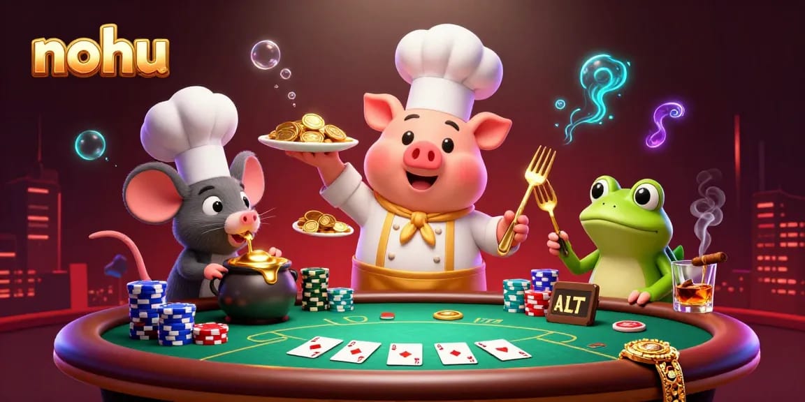 Nohus poker scene showcases a chef pig serving gold coins amidst vibrant game elements