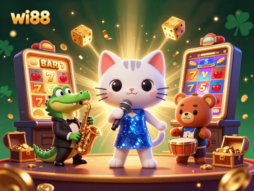 Experience vibrant casino excitement with wi88 featuring a jazz-singer cat, crocodile, and bear.