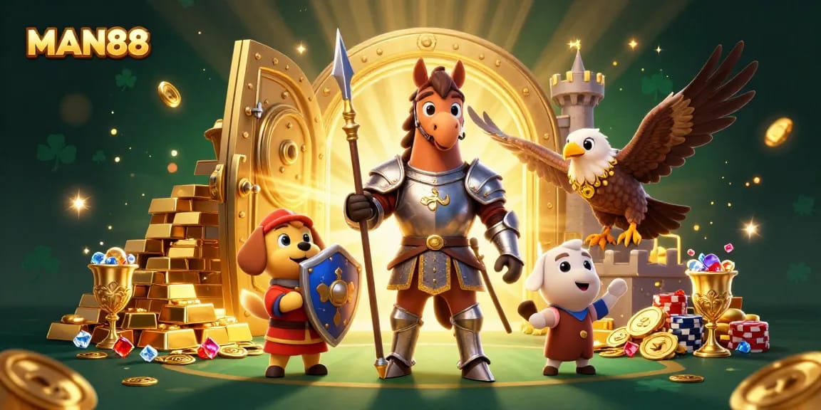 Join the excitement of MAN88's online casino featuring a lively knight and puppy amidst treasures.