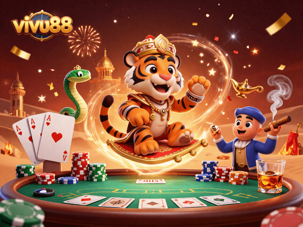 Win big at vivu88 with an enchanting casino scene featuring a sultan and treasures.