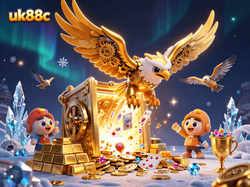 Engage in winning action at uk88c with a stunning 3D casino illustration featuring treasure and cards.