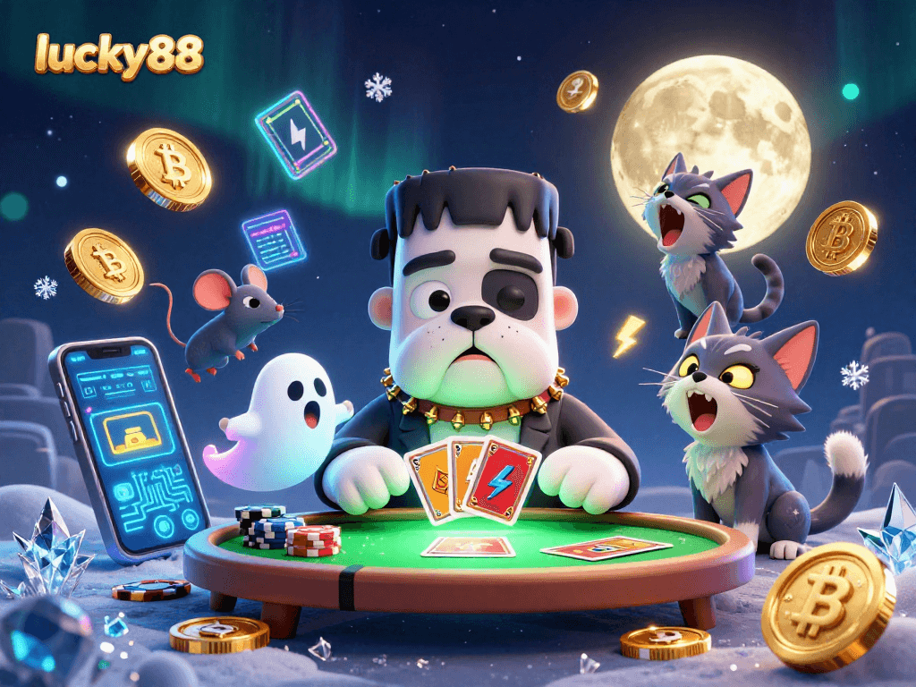 Experience the thrill of lucky88 with a Frankenstein bulldog dealing cards at the casino.