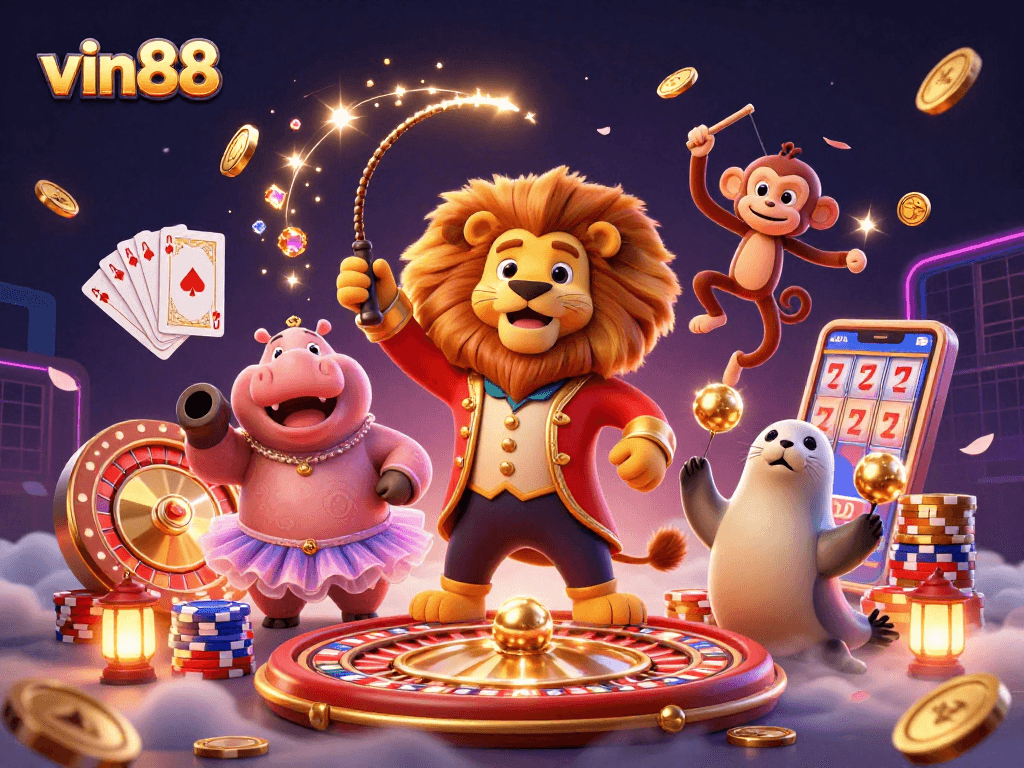 Experience excitement with vin88's vibrant 3D casino scene featuring dynamic casino characters and games.