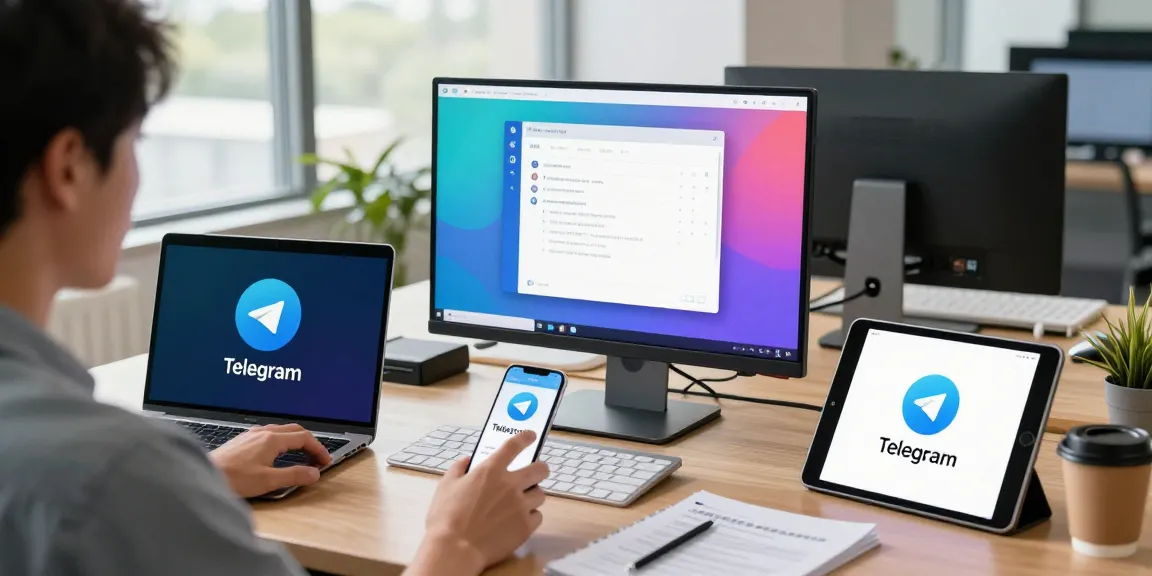 Setting up Telegram Chinese on multiple devices in a bright tech workspace.