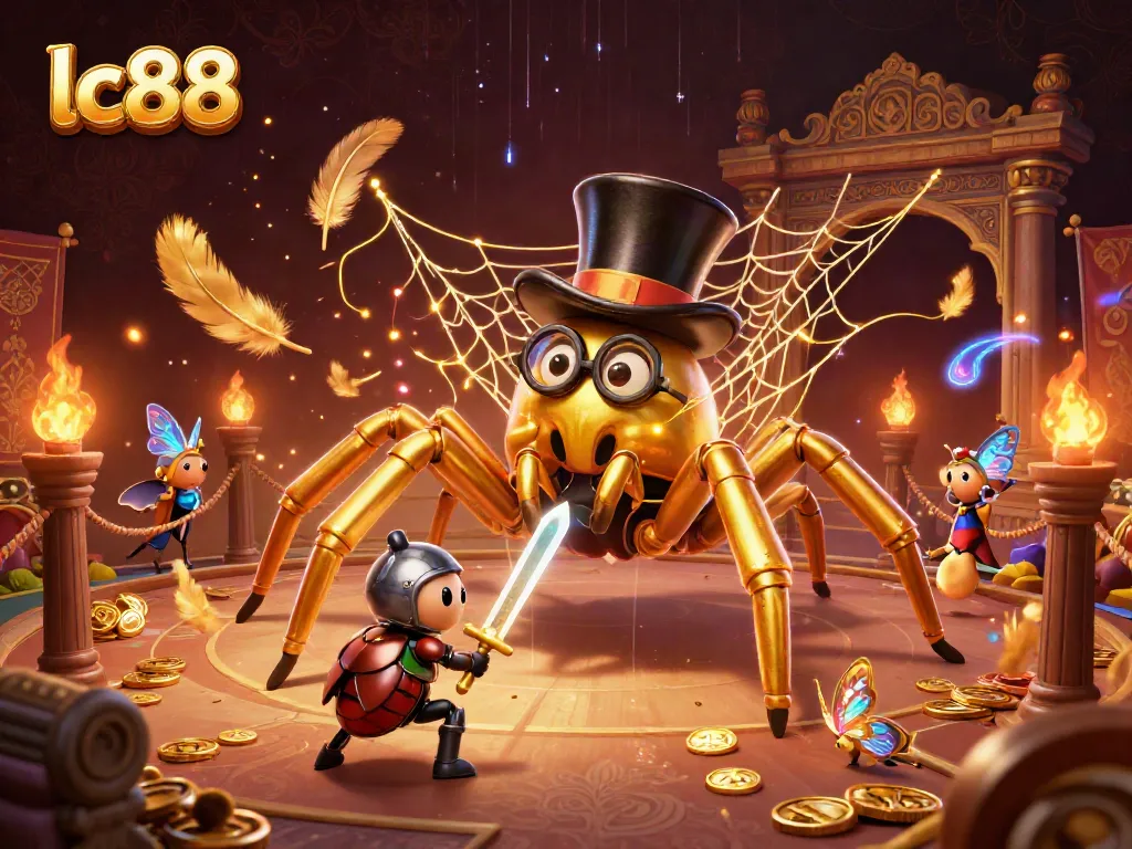 Engage in thrilling adventures at lc88's dynamic casino scene, featuring a giant golden tarantula and brave beetle knight.