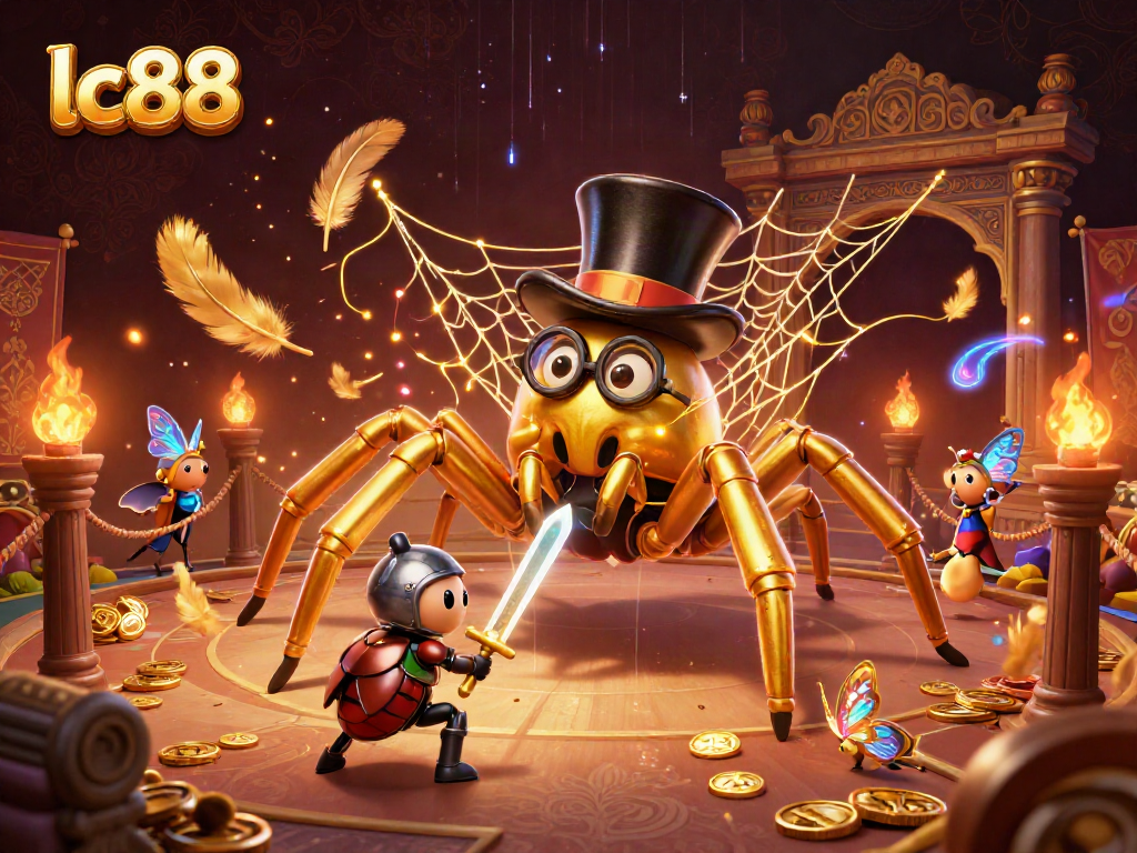 Engage in thrilling adventures at lc88's dynamic casino scene, featuring a giant golden tarantula and brave beetle knight.