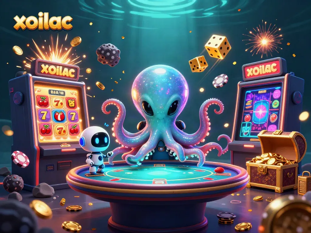 Experience thrilling online gaming at xoilac with a vibrant 3D scene featuring a cartoon octopus and poker elements.