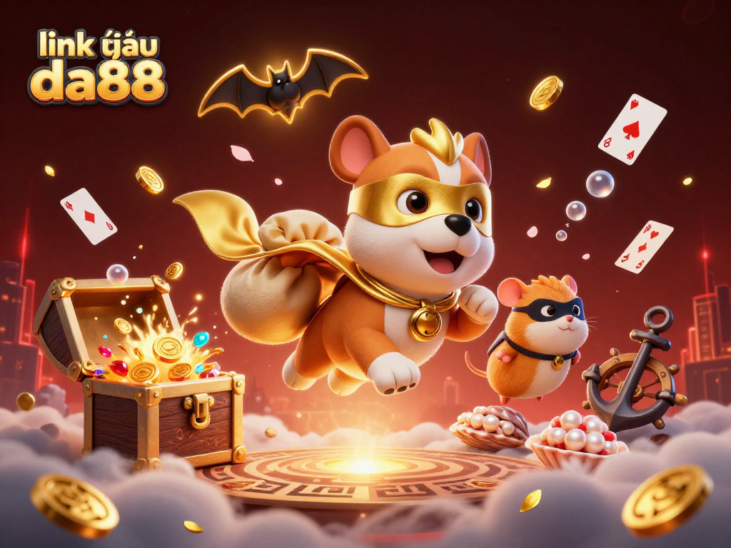 link vào da88 featuring a superhero dog flying with coins, captivating 3D casino illustration
