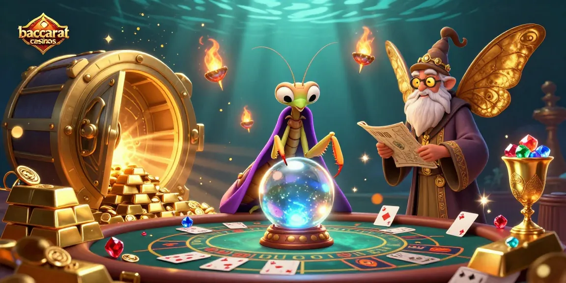 Baccarat casinos feature a mystical scene with fortune teller, ancient scrolls, and vibrant treasures.
