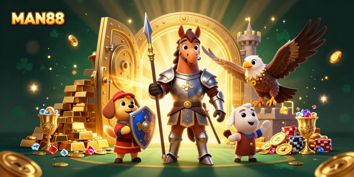 Join the excitement of MAN88's online casino featuring a lively knight and puppy amidst treasures.