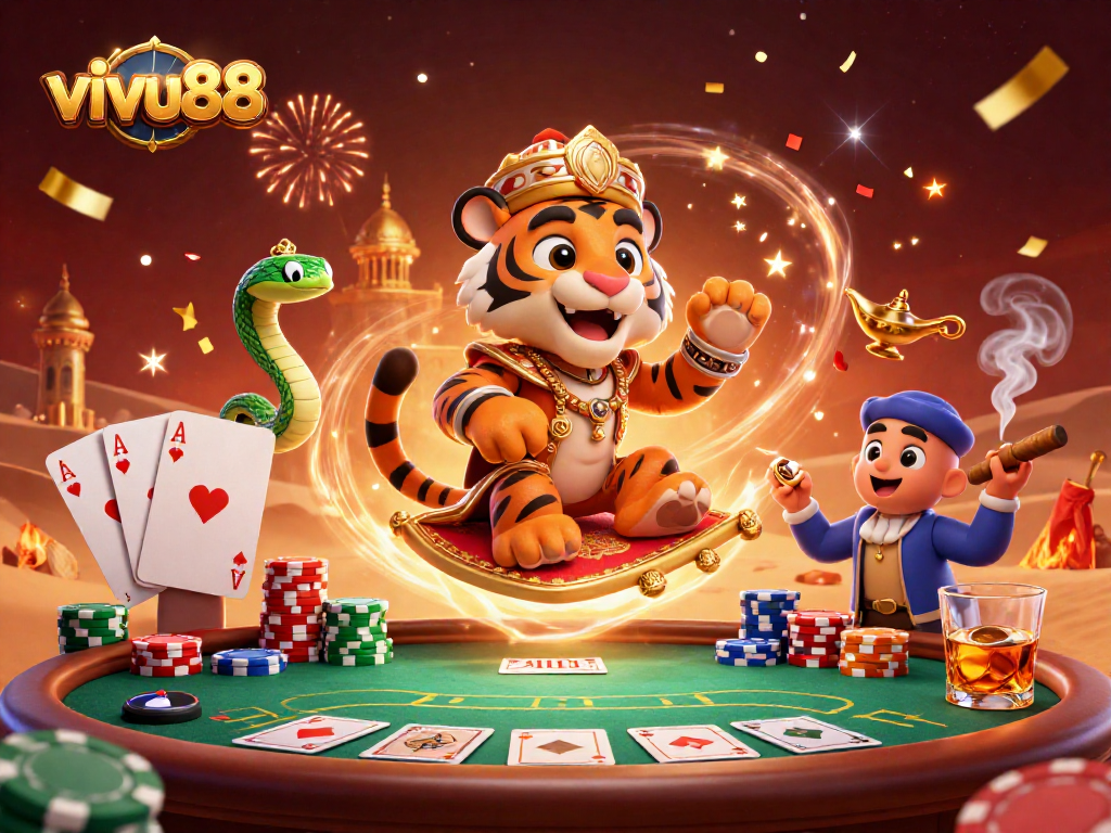 Win big at vivu88 with an enchanting casino scene featuring a sultan and treasures.