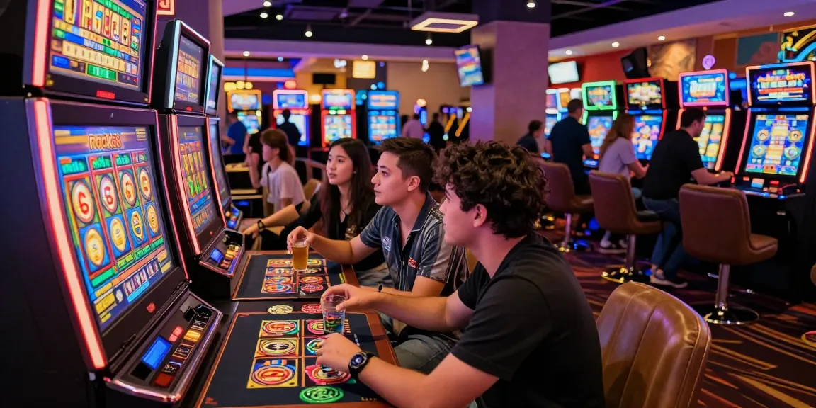Friends enjoying the excitement of the rokok88 slot in a lively casino.