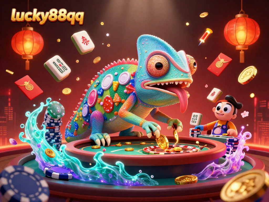 Engage in the world of lucky88qq with a vibrant chameleon casino owner and festive elements.