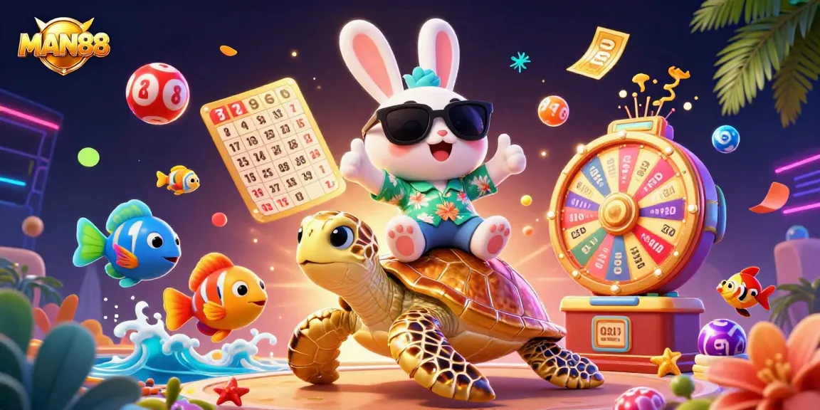 Engage in the vibrant gaming world of MAN88 with lucky characters and dynamic casino elements.