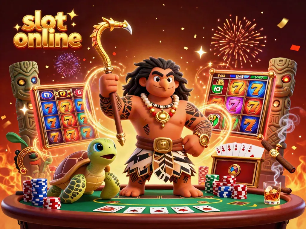 Experience thrilling slot online action with a Maui-style demigod and vibrant casino elements in stunning 3D art.
