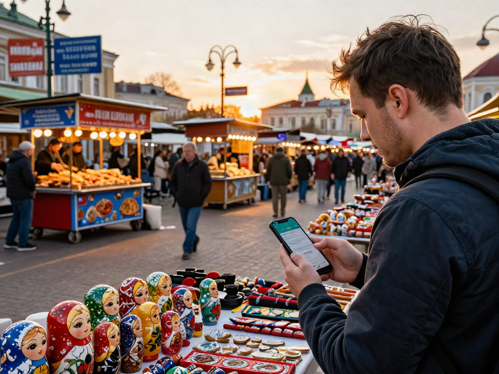 Explorador utilizando https://payinrussia.com/ en un mercado ruso lleno de productos locales y luces cálidas.