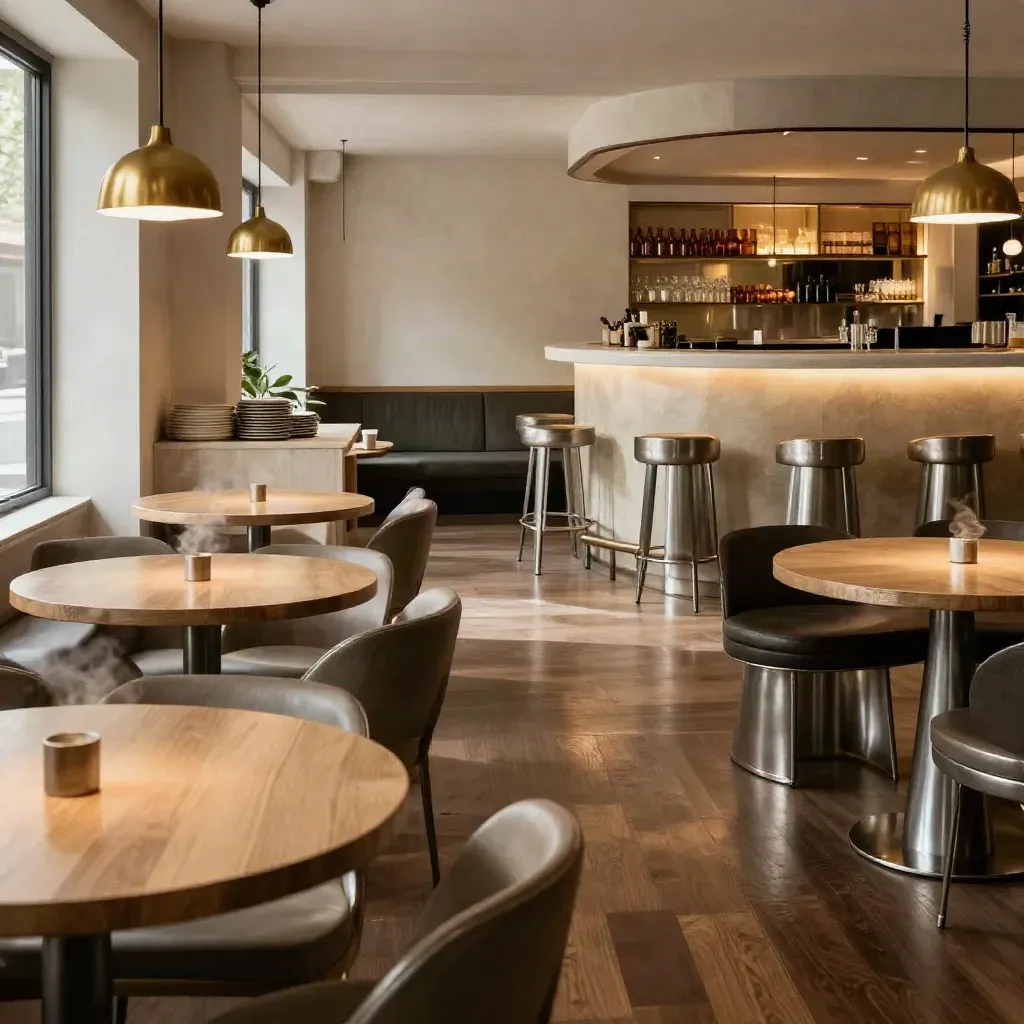 Bistrobord, buffékant och barzon i varm loungemiljö med mjukt ljus.