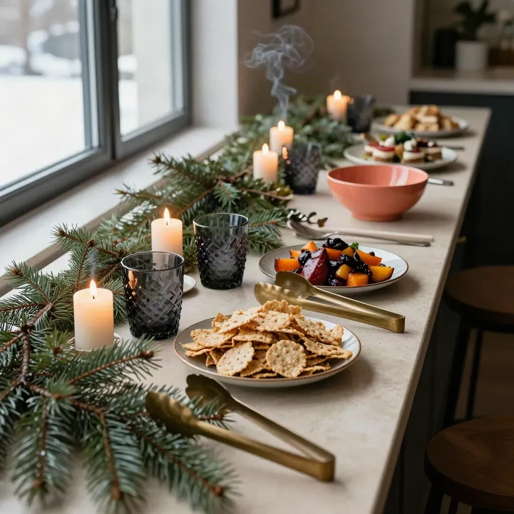 Säsongsbuffé med granris, ljus och mörka glas på stenskiva i varm kvällsmiljö.