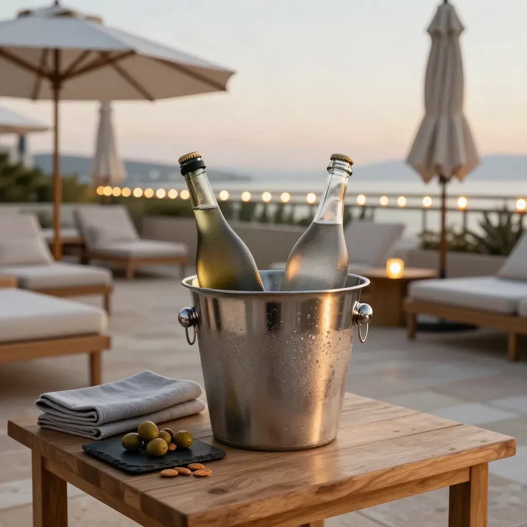 Privat sommarterrass med kylda flaskor, bistrobelysning och cityvy i skymningen