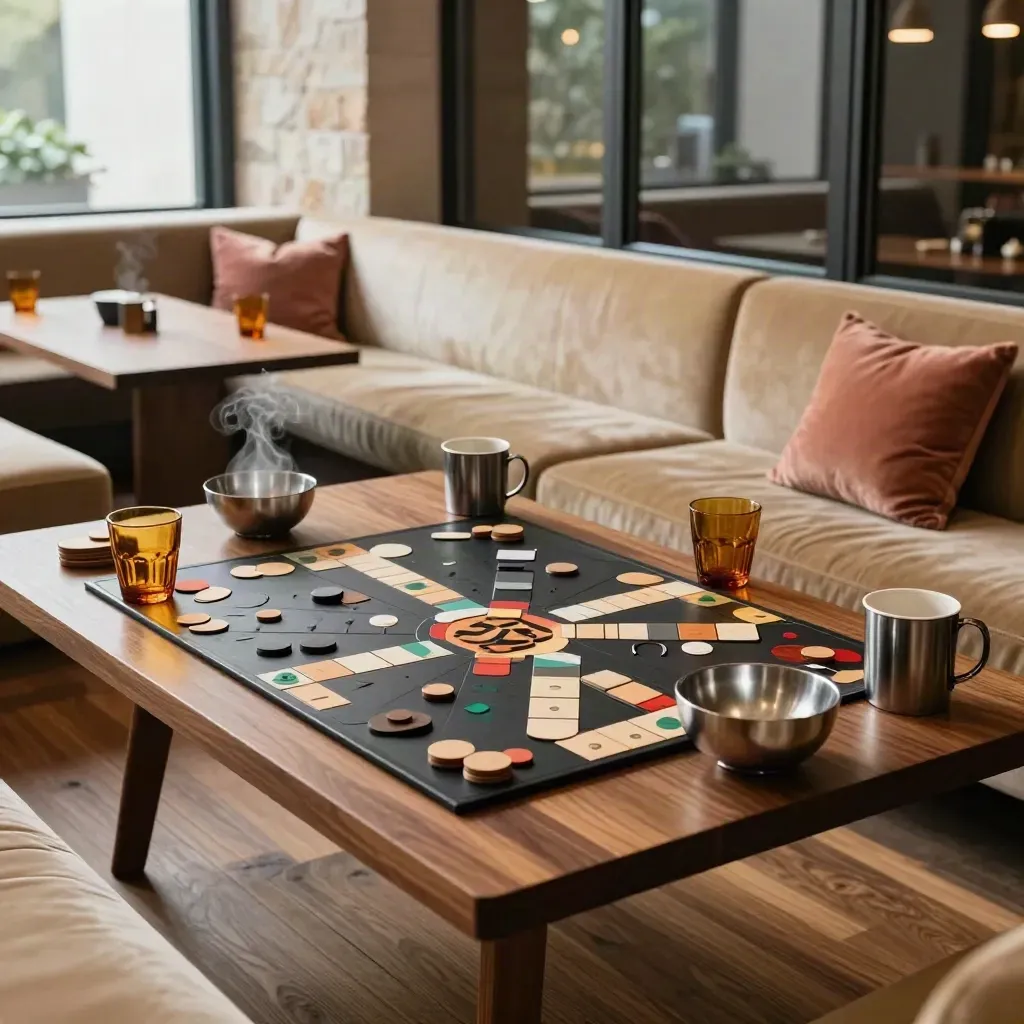 Tom lounge för höstkväll med brädspel, varma drycker och sammetssoffor i dämpat ljus.