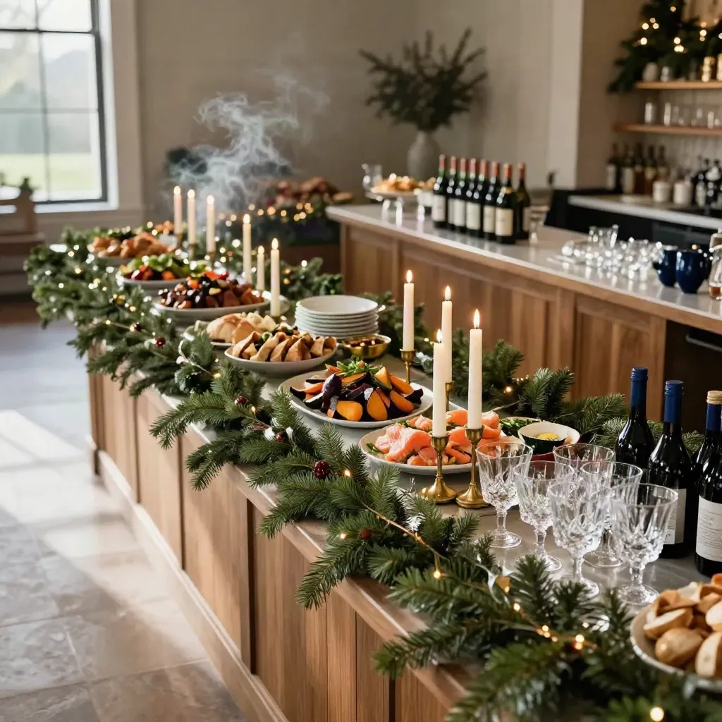 Julbord och bar dukat för julmingel i varm, elegant eventlokal.