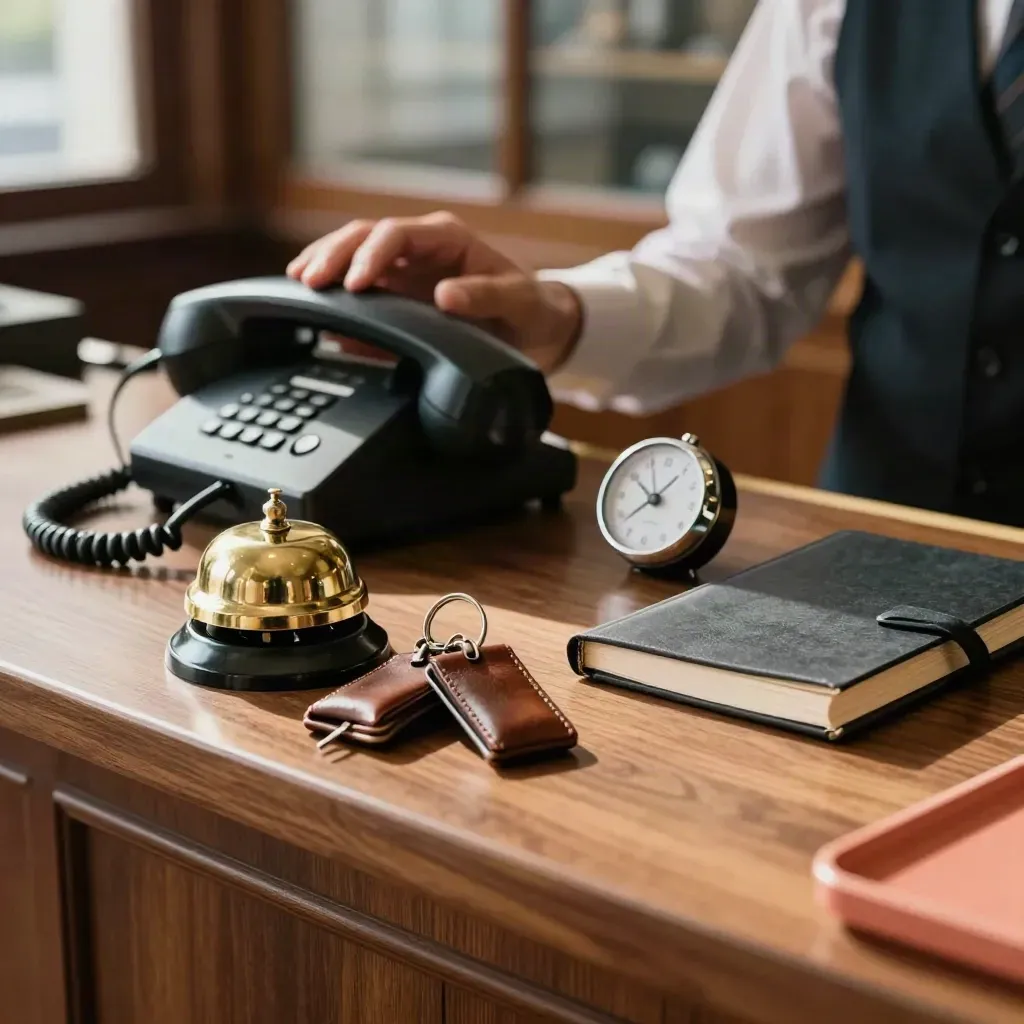Brassklocka, nyckelbrickor och svart telefon på träbänk i lågdramatiskt ljus.