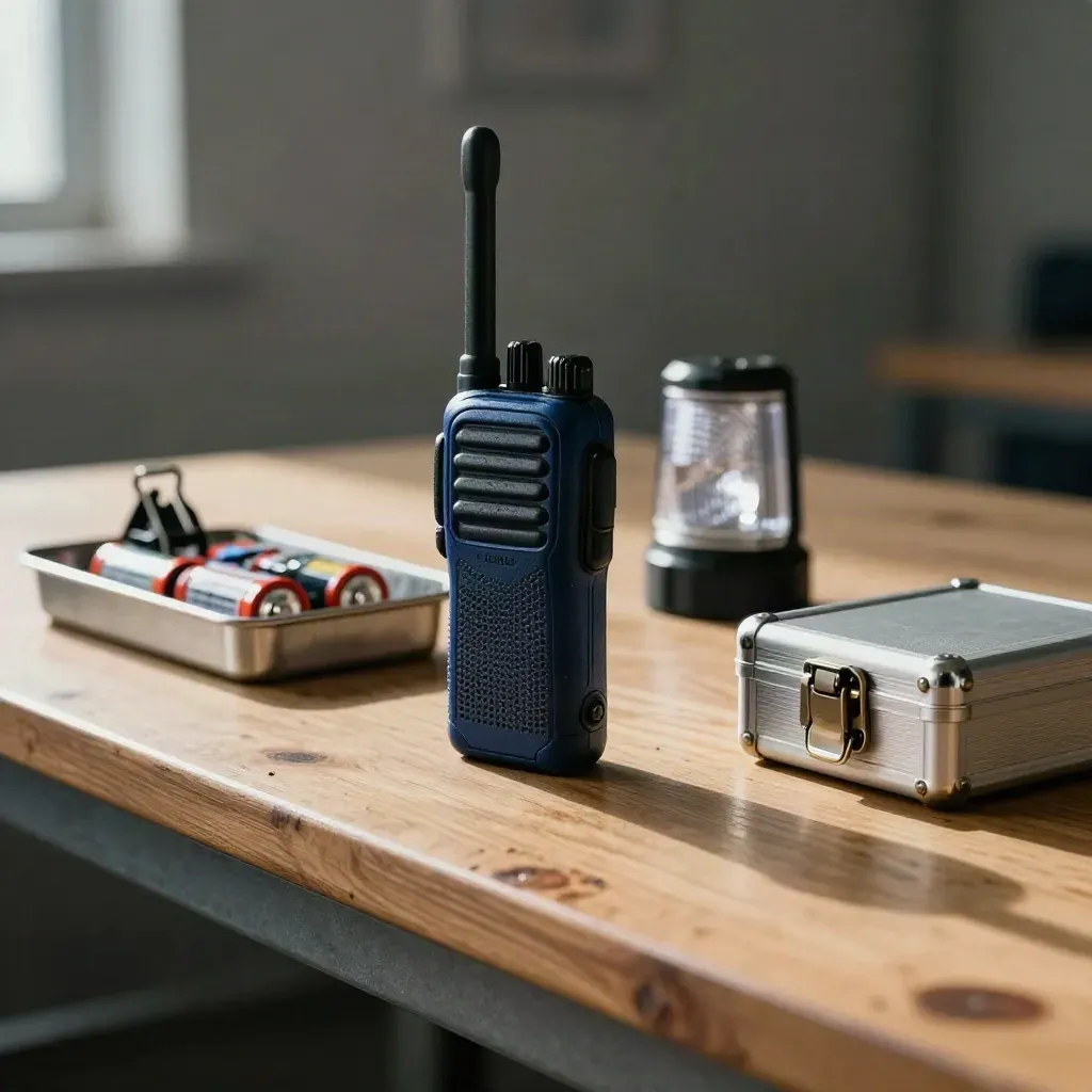 Tvåvägsradio, batterier, kabelklämmor och golvmarkör på en sliten träbänk.
