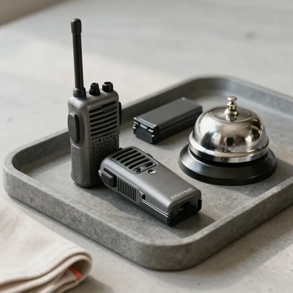Tvåvägsradio, serviceklocka, batteri och markörpuck på stenbricka med mjukt ljus.