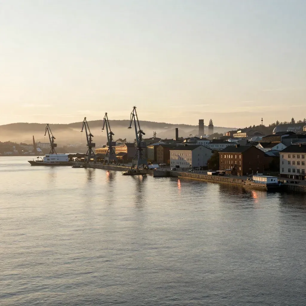 Göteborgs hamn i gyllene timme med kranar, älv och mjuk industrisilhuett.
