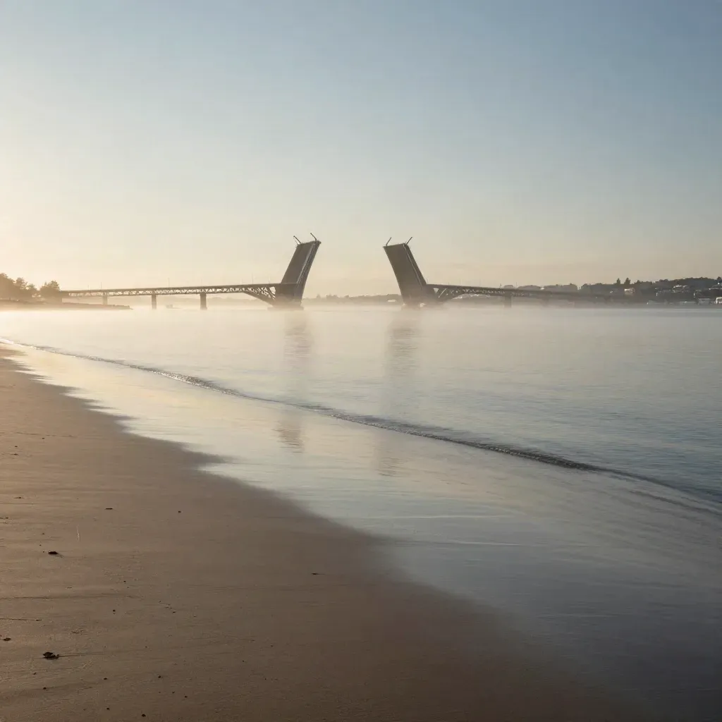 Malmö i skymning med Öresundsbron i fjärran, havsmist och lugnt vatten för textyta.