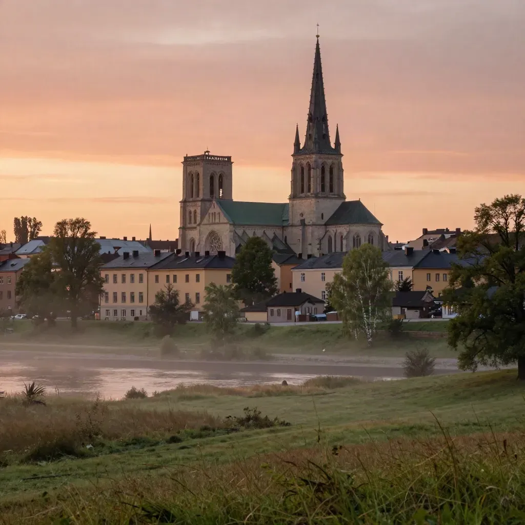 Uppsala domkyrkotorn över älvdal i varm skymning, med lugn förgrund för rubrik.