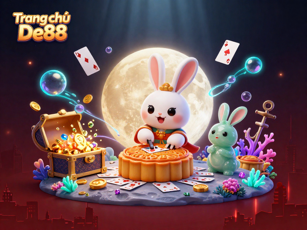 Winning at Trang chủ De88: 3D illustration of moon rabbit with poker cards and gold.
