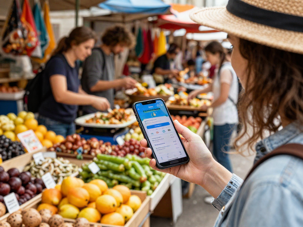 Interacción con la aplicación de https://payinrussia.com/ en un mercado ruso vibrante y animado.