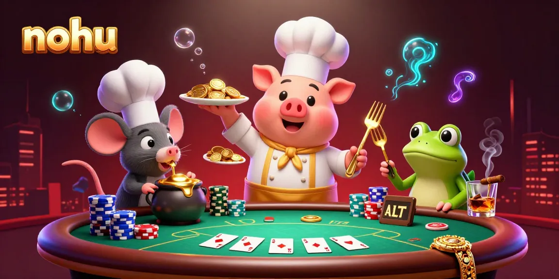 Nohus poker scene showcases a chef pig serving gold coins amidst vibrant game elements