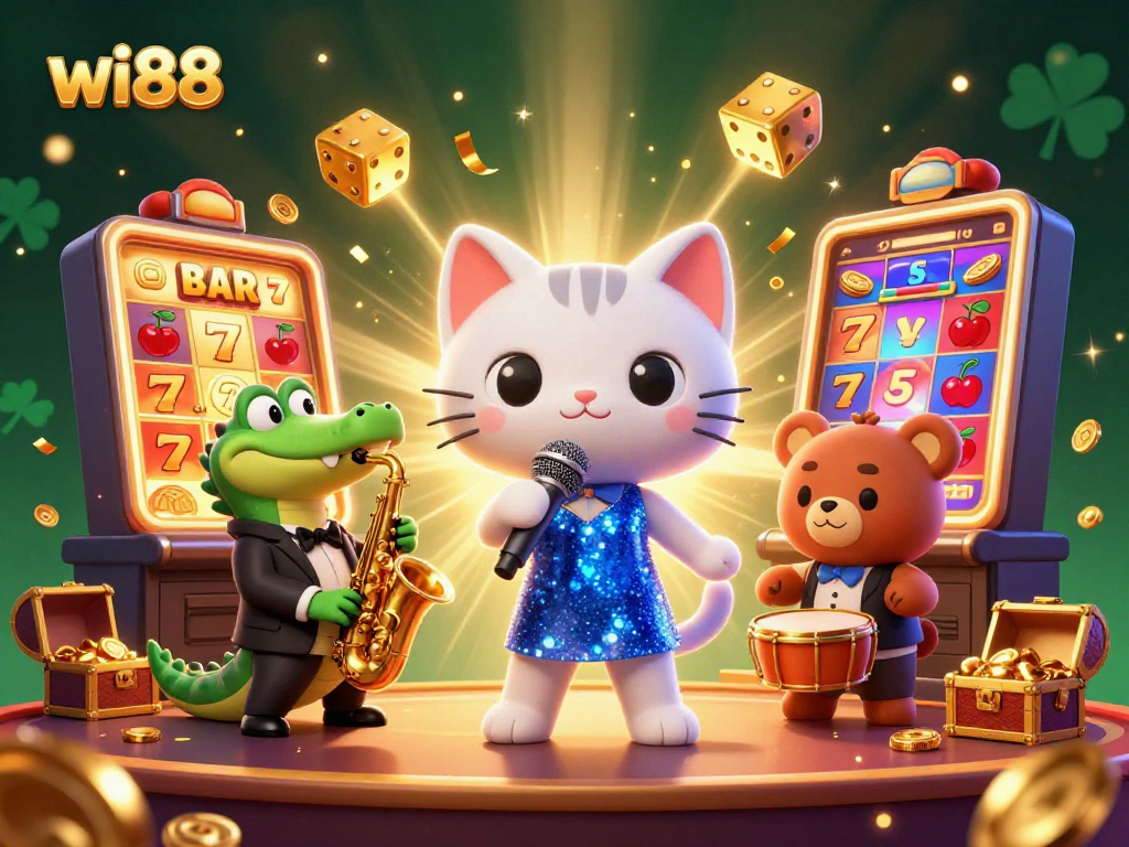 Experience vibrant casino excitement with wi88 featuring a jazz-singer cat, crocodile, and bear.