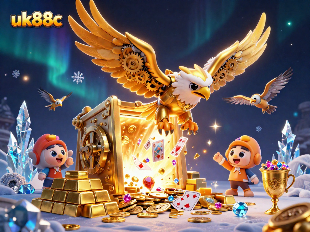 Engage in winning action at uk88c with a stunning 3D casino illustration featuring treasure and cards.