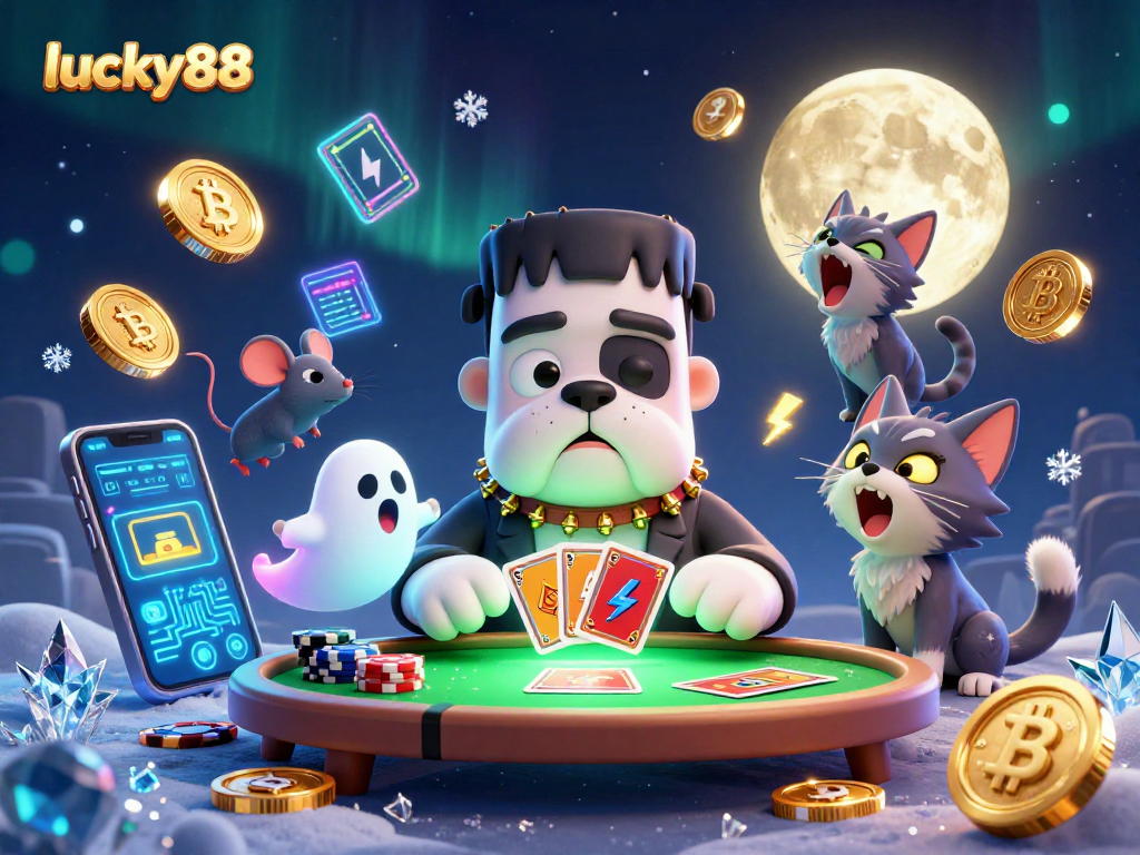 Experience the thrill of lucky88 with a Frankenstein bulldog dealing cards at the casino.