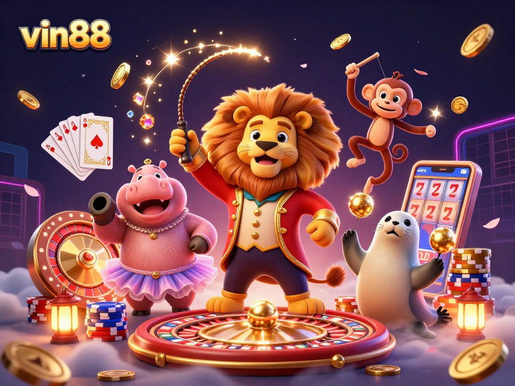 Experience excitement with vin88's vibrant 3D casino scene featuring dynamic casino characters and games.