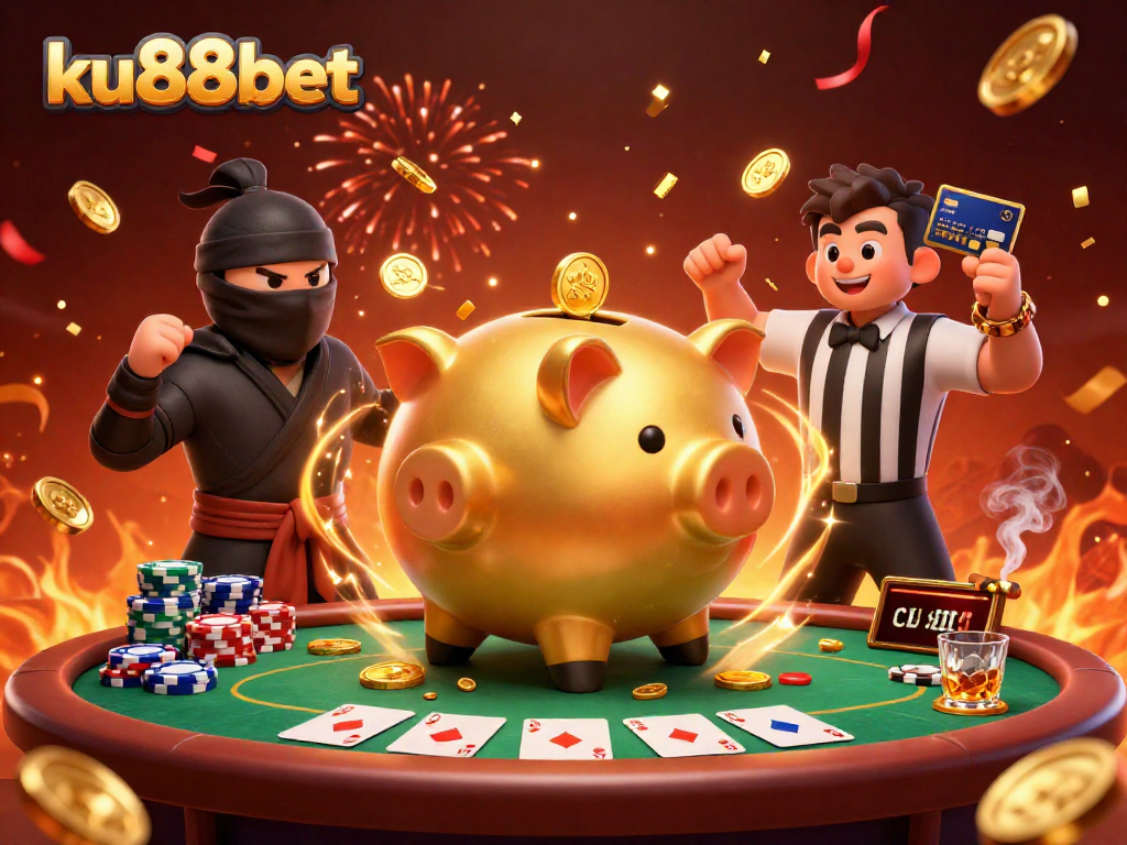 ku88bet lively 3D illustration of a golden piggy bank sumo wrestler surrounded by poker elements