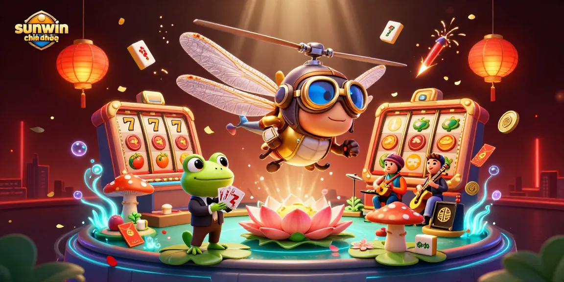 Experience thrilling games at sunwin chính thức, with a vibrant casino scene featuring a dragonfly pilot and a frog croupier.