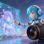 AI hentai character interacting with holographic designs in a vibrant digital landscape