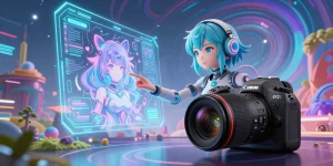 AI hentai character interacting with holographic designs in a vibrant digital landscape