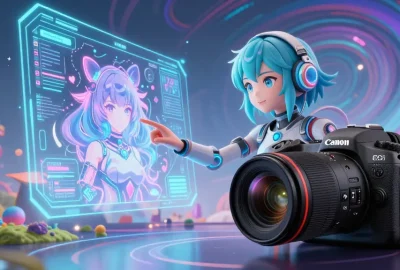 AI hentai character interacting with holographic designs in a vibrant digital landscape