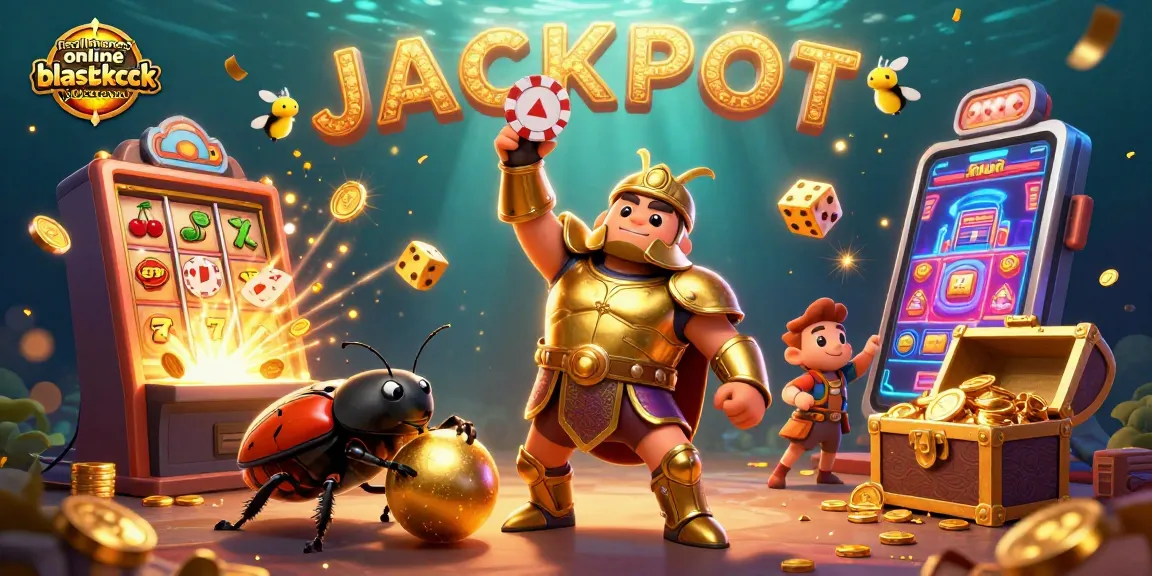 Win big at real money online blackjack jokaroom with a victorious bug duo celebrating a jackpot!