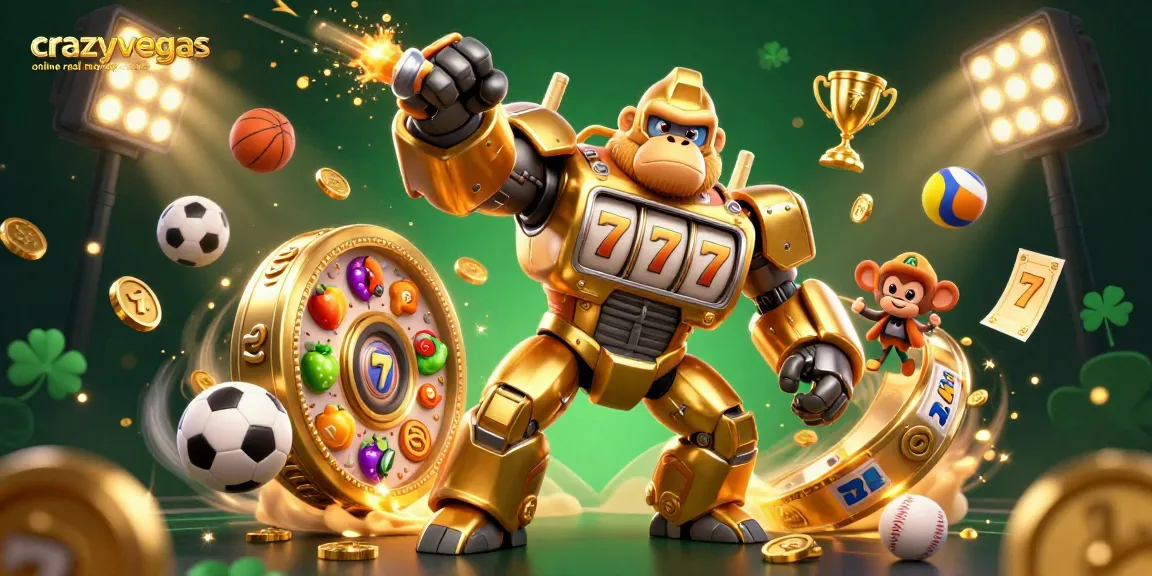 Experience the excitement at crazyvegas online real money casino with thrilling action, golden gorilla mech, and slot machine elements.